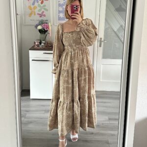 Shirred Dress - Beige Embroidery