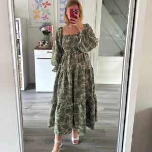 Shirred Dress - Green Embroidery